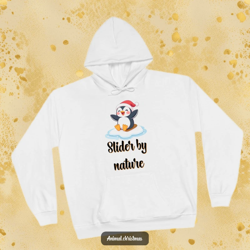 Funny Penguin Santa Hoodie: A penguin wearing a Santa hat joyfully sliding on ice, ideal for cozy winter days.