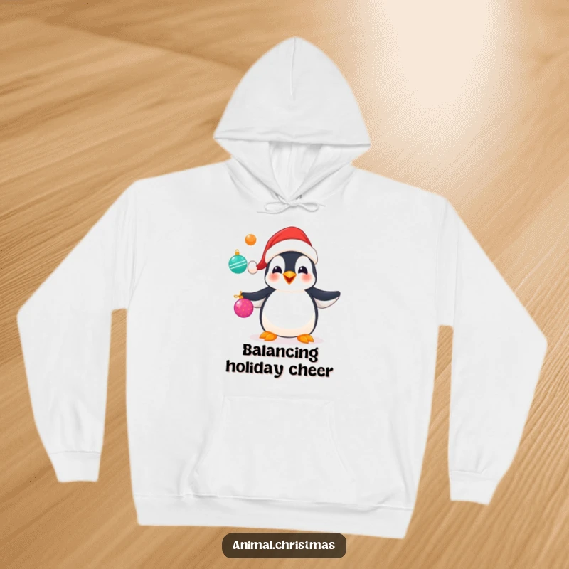 Funny hoodie featuring a penguin wearing a Santa hat, expertly juggling various Christmas ornaments with a happy expression.