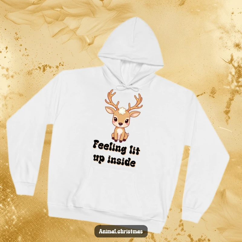 Funny deer hoodie with antlers adorned with twinkling lights, cozy and festive attire.