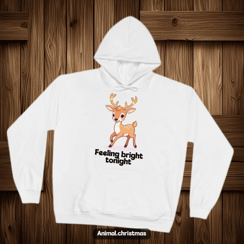 Funny deer Christmas hoodie featuring a happy deer prancing with twinkling lights woven into its antlers, perfect for cozy winter days.
