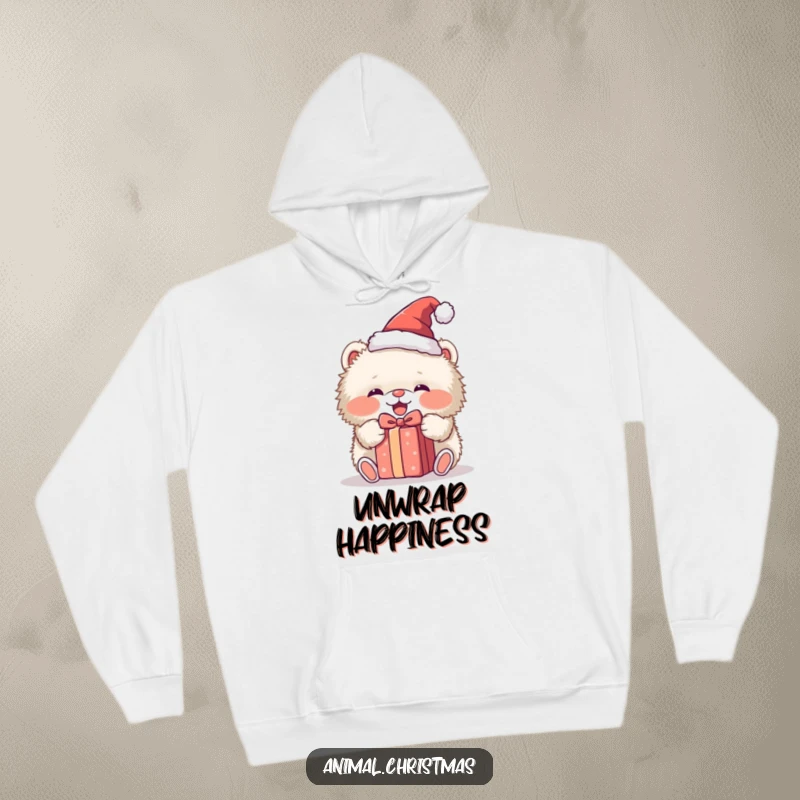 Funny hoodie depicting a fluffy animal in a Santa hat, enthusiastically unwrapping a present, offering warmth and holiday humor.
