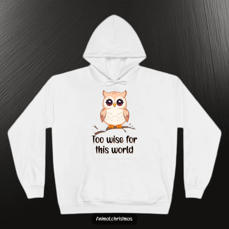 Funny kawaii owl hoodie, twinkling eyes on a snowy branch, warm and cozy winter clothing, incredibly cute and magical.