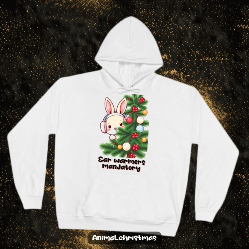 Funny rabbit hoodie with a cute character in earmuffs peeking from behind a decorated pine tree, ideal for winter warmth.