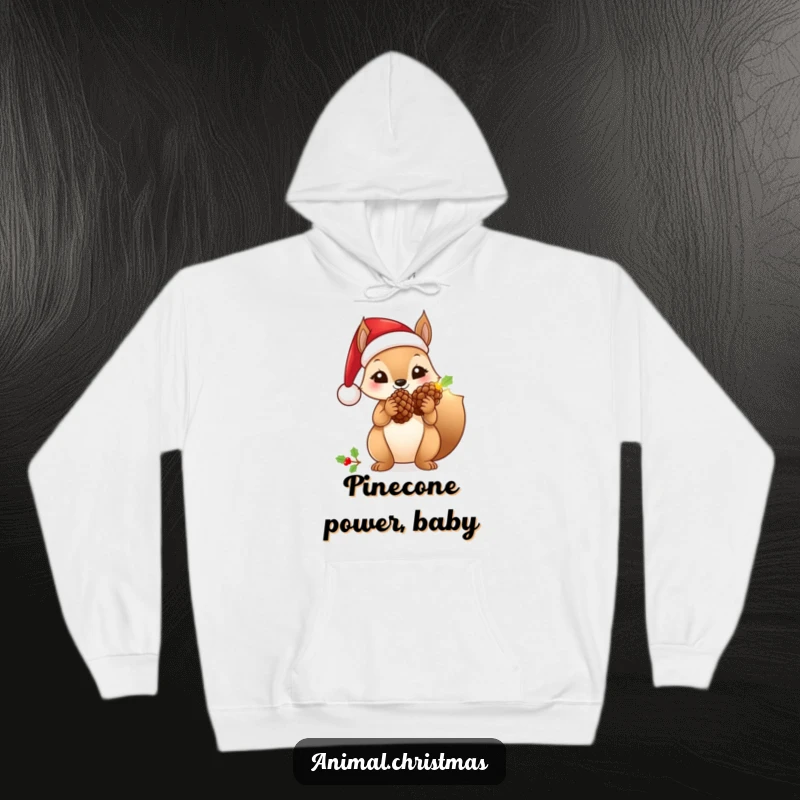Funny squirrel hoodie wearing a Santa hat, holding a glowing pinecone, cozy and festive attire.