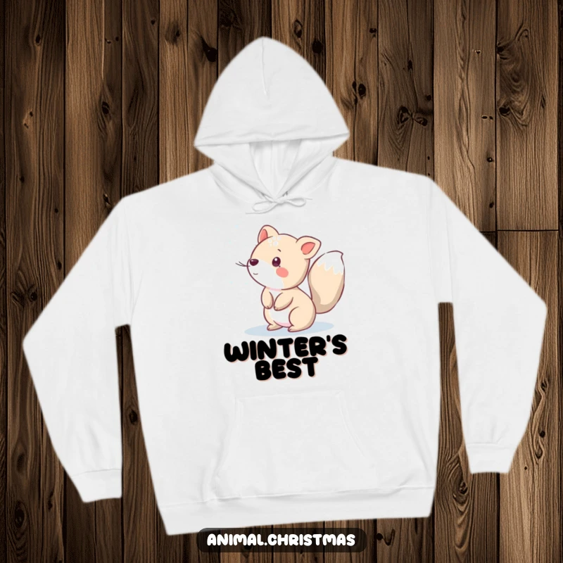 Funny hoodie depicting an animal playfully sprinkling sparkling snow with its tail, offering warmth and winter magic.