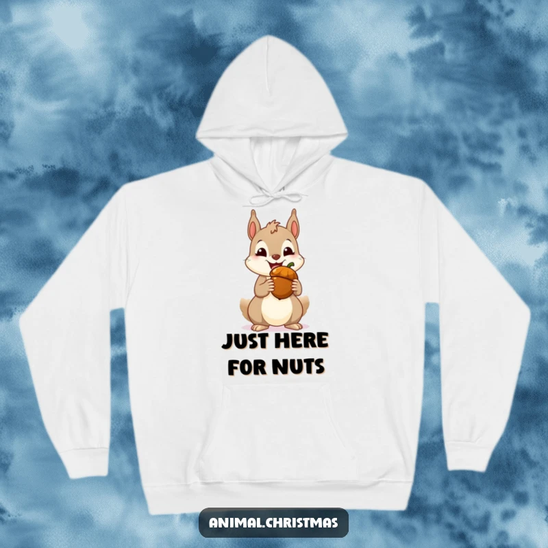 Funny squirrel hoodie depicting a joyful squirrel with a wide grin holding a festive acorn, ideal for cozying up.