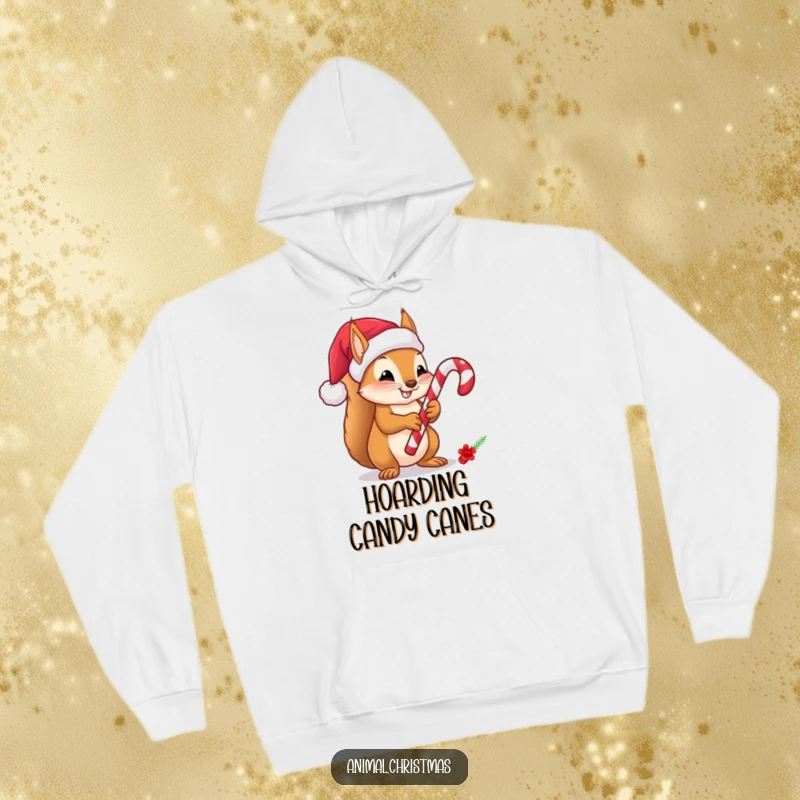 Funny Squirrel Candy Cane Hoodie, a cute squirrel in a Santa hat holding a candy cane, offering warmth and festive humor for cozy holiday wear.