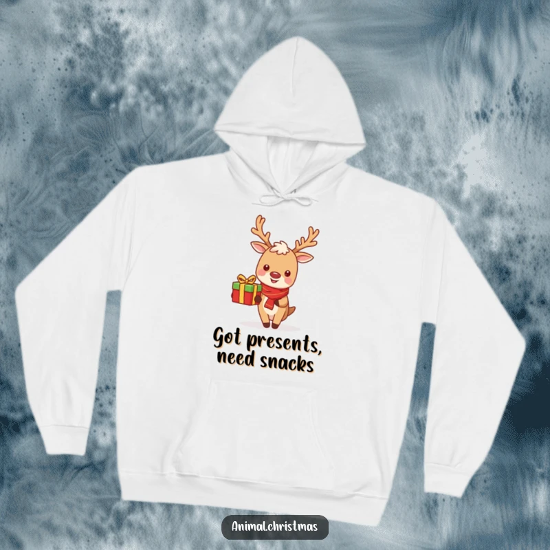 Funny Cozy Reindeer Hoodie: A happy reindeer delivering a gift, perfect for winter warmth and Christmas cheer.