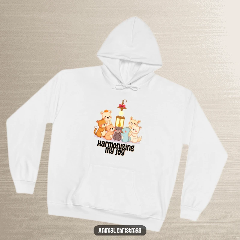 Funny animal carolers hoodie featuring happy animals singing carols around a glowing lantern, ideal for cozy winter wear.