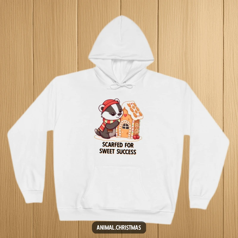 Funny badger baking hoodie featuring a badger in a festive scarf decorating a gingerbread house with icing, perfect for bakers.