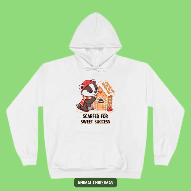 Funny Badger Baking Hoodie: Cozy Scarf & Gingerbread House, Warm Kitchen Gift