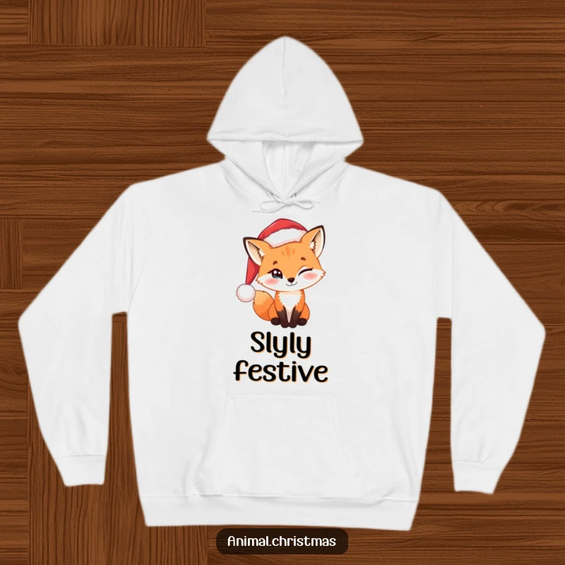Funny hoodie featuring a sly fox wearing a Santa hat, with a playful twinkle in its eye.
