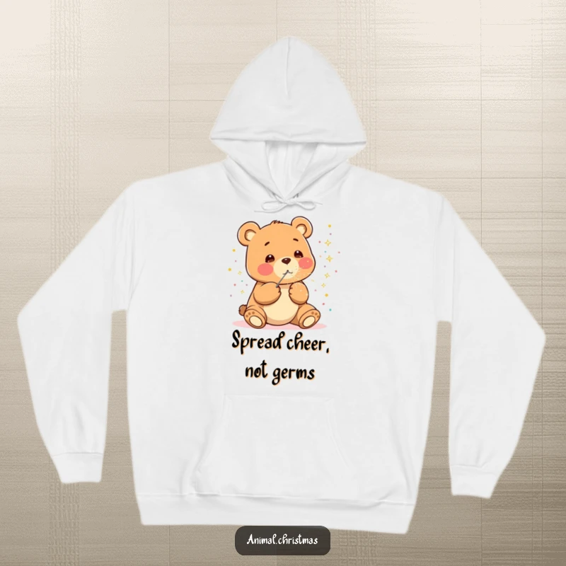 Funny kawaii bear hoodie, happily blowing sparkly confetti, warm and cozy celebration wear, cute and cheerful design.