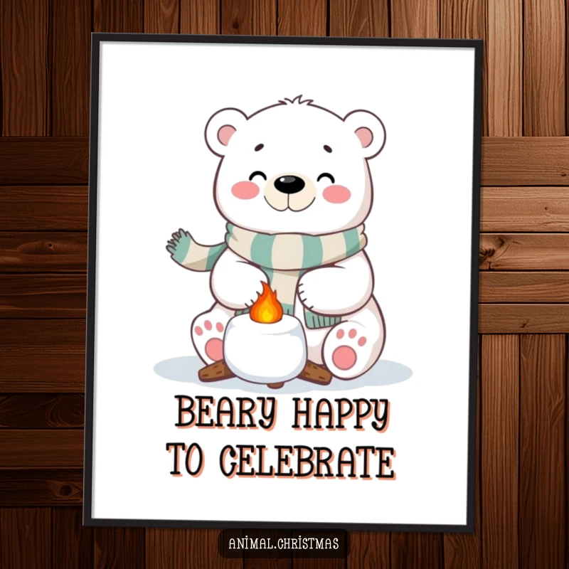 Funny Free Printable Wall Art: A polar bear wearing a scarf happily roasts a marshmallow, bringing cozy charm.