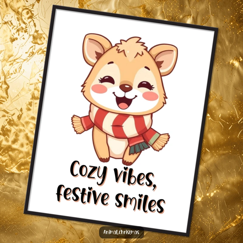 Funny Free Printable Wall Art: Whimsical cartoon animal sporting a bright, festive scarf and a huge, infectious smile, radiating warmth.