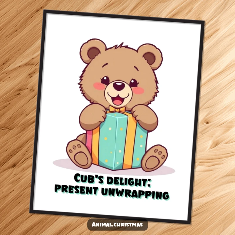Funny free printable wall art of a bear cub excitedly unwrapping a brightly colored gift, capturing pure, infectious happiness.