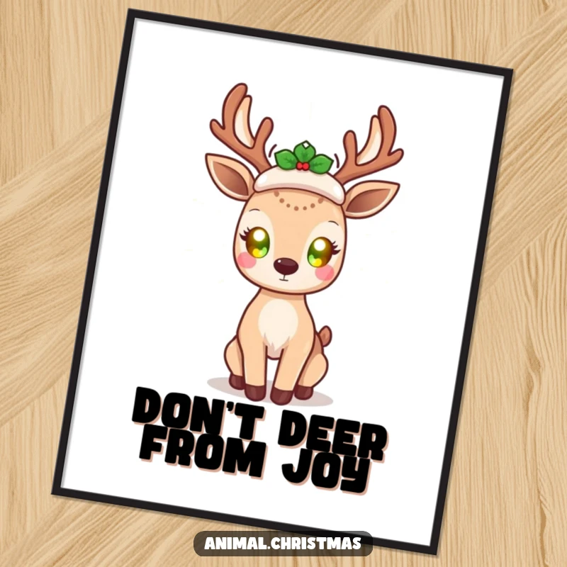 Funny Free Printable Wall Art: A kawaii deer with mesmerizing glowing eyes radiates pure holiday cheer, a beacon of festive spirit.