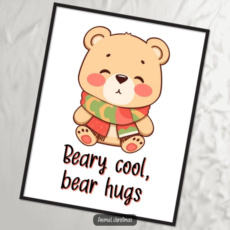 Festive free printable wall art of a bear in a scarf blowing a kiss, radiating warmth and holiday spirit.