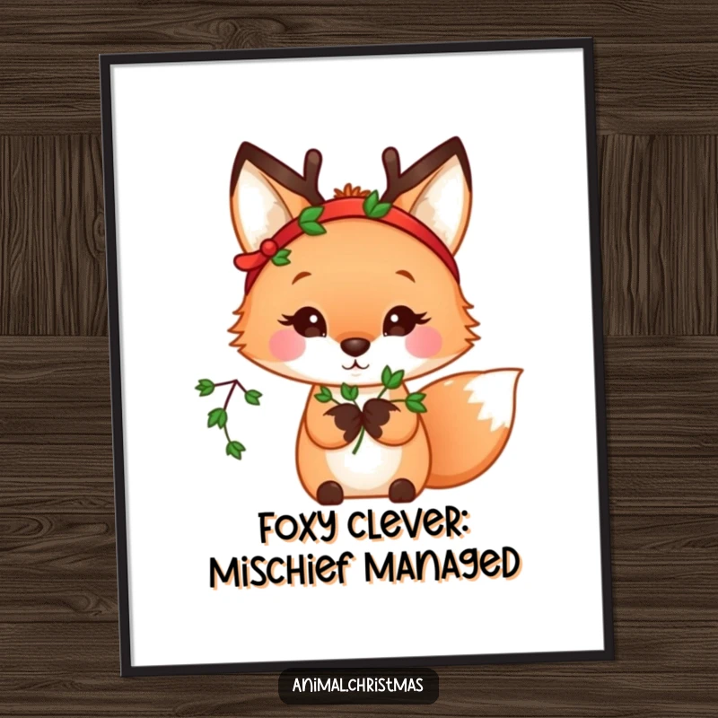 Funny Free Printable wall art: A kawaii fox wearing a reindeer headband holds mistletoe, bringing playful, festive cheer to any room.