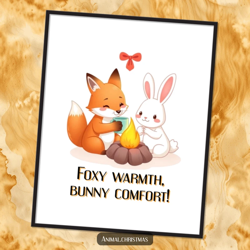 Funny Free Printable Wall Art: A fox and a rabbit share a warm mug by a festive fire, exuding a sense of cozy friendship.