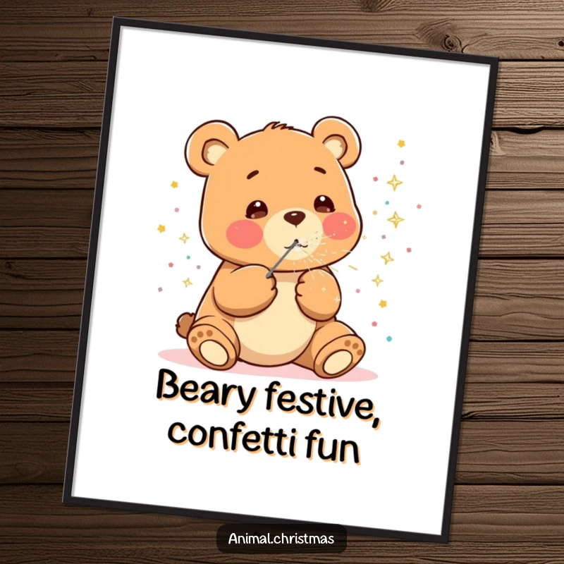 Funny Free Printable Wall Art: A kawaii bear joyfully blows a cascade of colorful, sparkly confetti, creating a festive atmosphere.