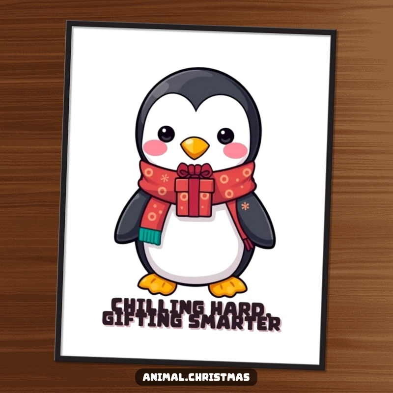 Funny Free Printable Wall Art: A penguin in a festive scarf holding a gift brings holiday cheer to your walls.