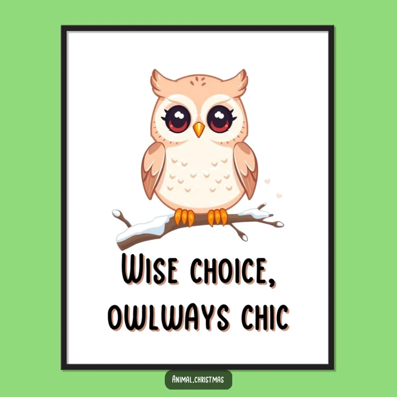 Free Printable Owl Wall Art: Kawaii Twinkling Eyes Snowy Branch Downloadable Decor