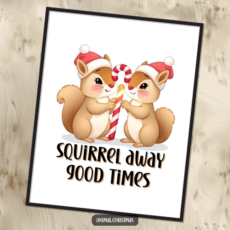 Funny Free Printable Wall Art: Pair of squirrels in tiny hats sharing a glowing candy cane, cute festive woodland art.