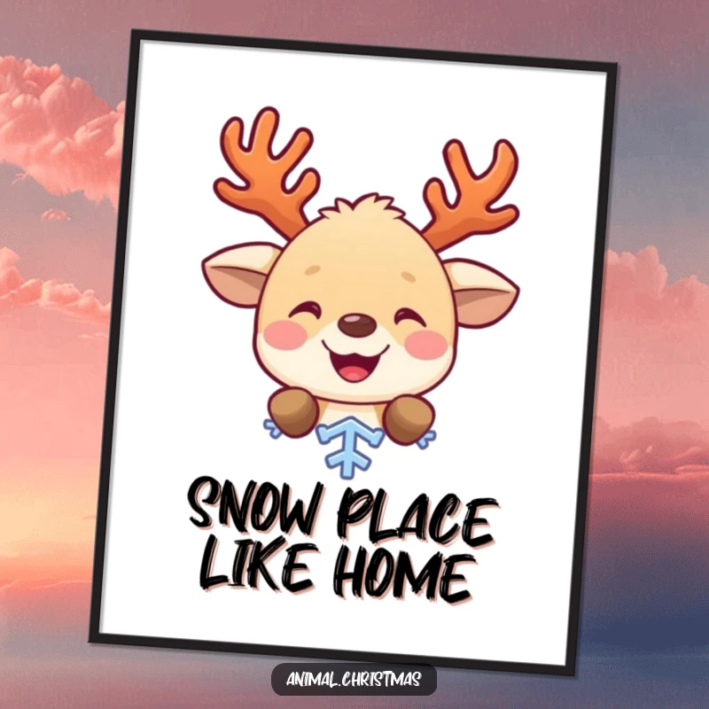 Funny Free Printable Wall Art of a playful animal with antlers peeking from behind a snowflake, perfect for winter decor.