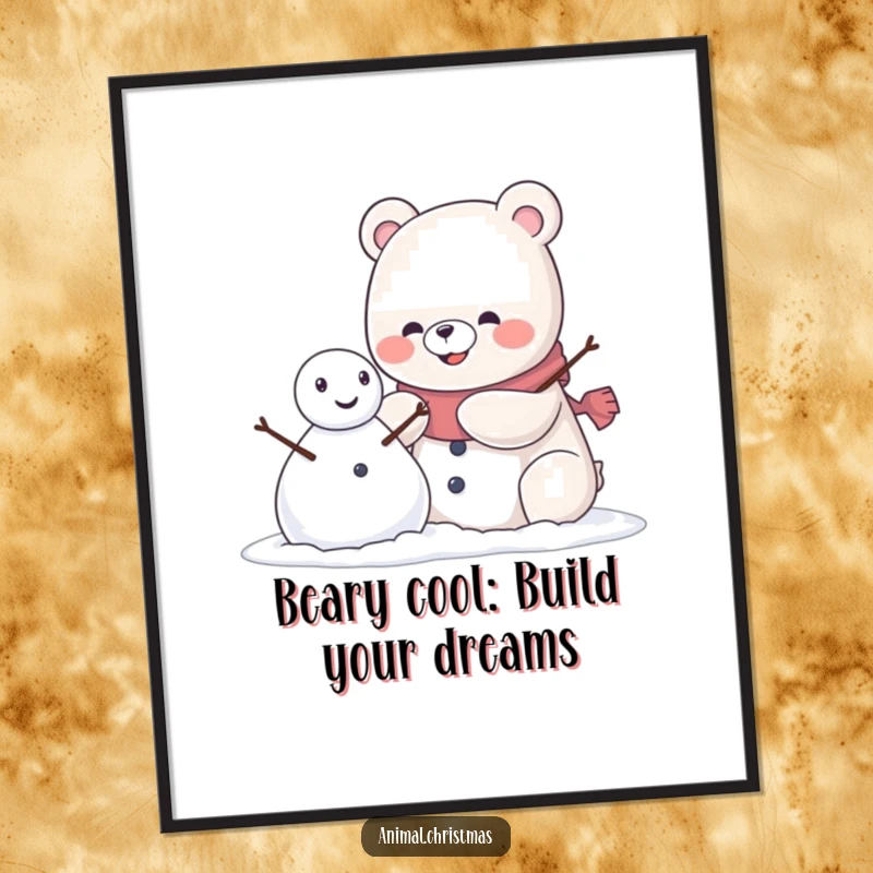Funny Free Printable wall art: A kawaii bear grins with satisfaction while building a snowman, bringing winter cheer to your walls.