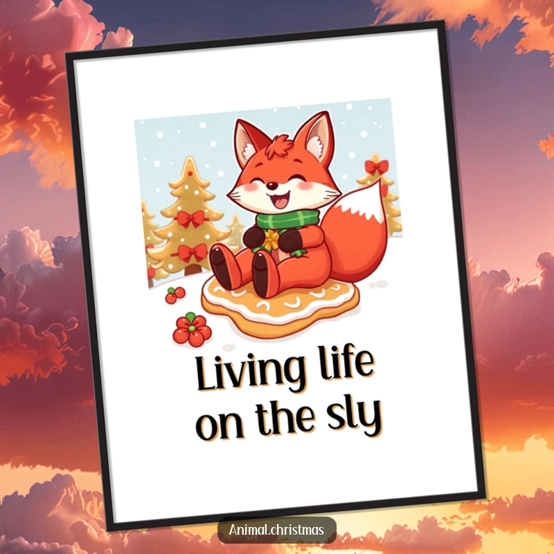 Funny Free Printable Wall Art: A red fox grins widely as it slides down a snowy hill on a festive gingerbread cookie.