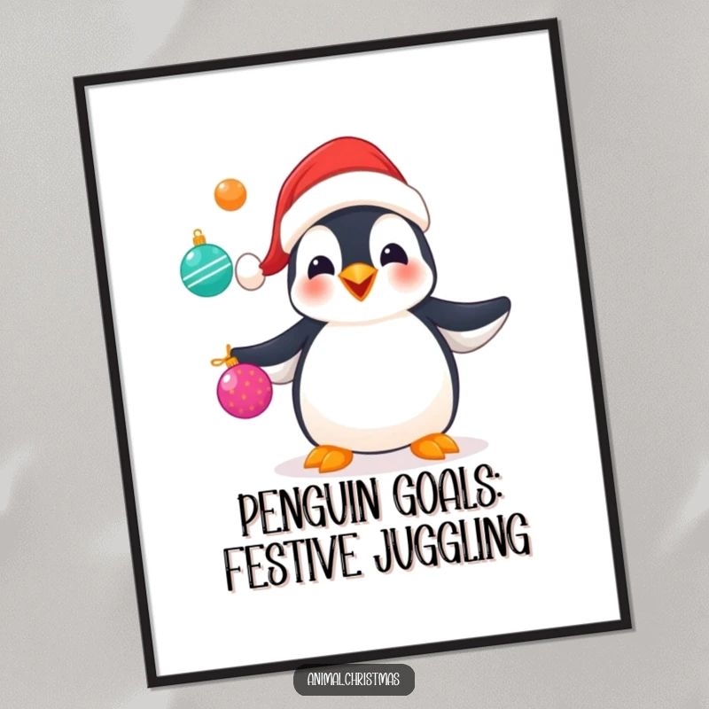 Funny free printable wall art of a penguin wearing a Santa hat, gleefully juggling Christmas ornaments, adding festive fun.