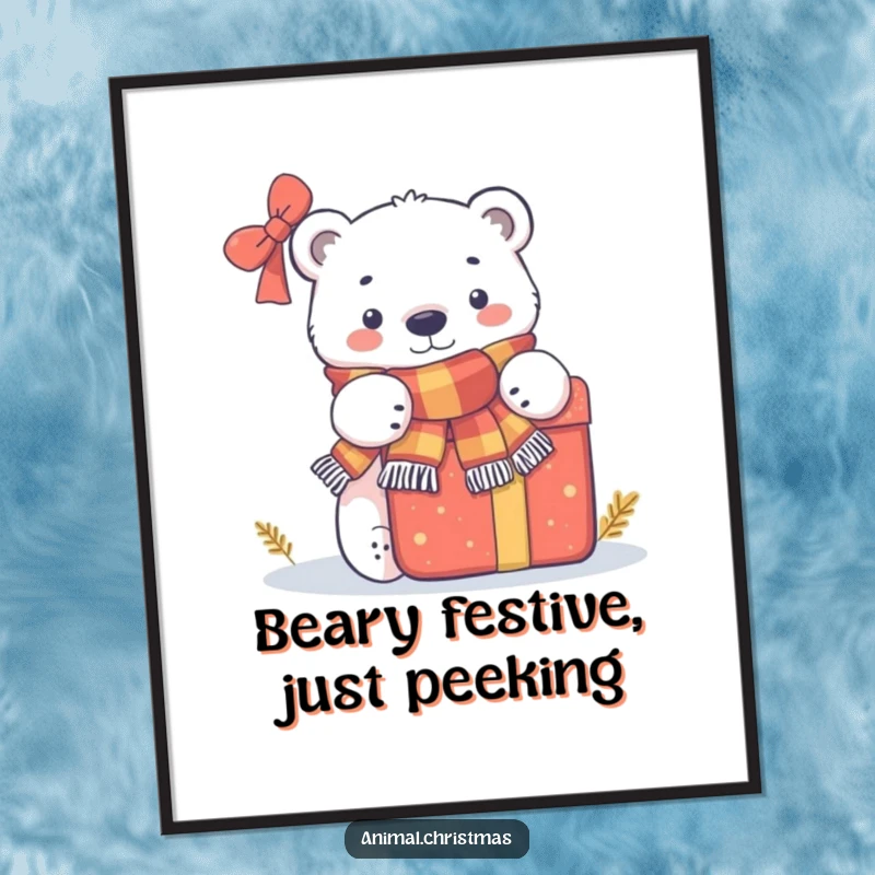 Funny free printable wall art of a polar bear in a scarf peeking playfully from behind a large gift, evoking cozy humor.