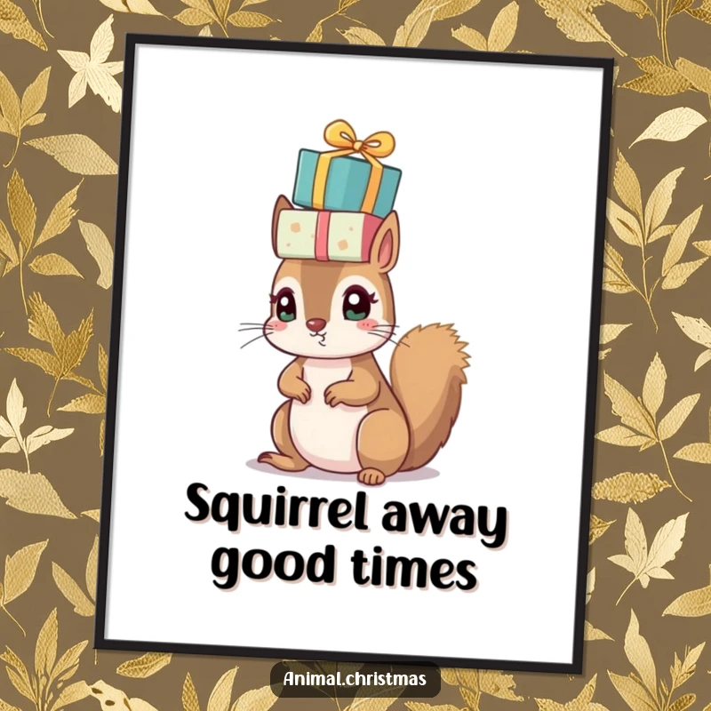 Funny Free Printable Wall Art: A small squirrel with bright eyes expertly balances a precarious pile of wrapped gifts on its head.