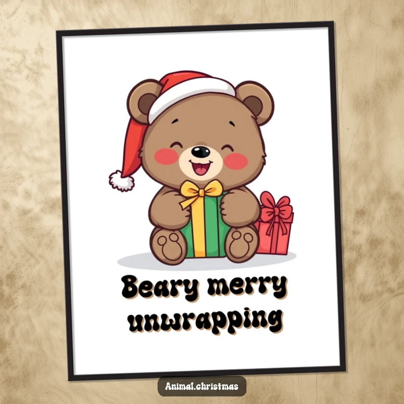 Funny Free Printable Wall Art: A bear wearing a Santa hat happily unwrapping a gift, creating a cozy and amusing scene.
