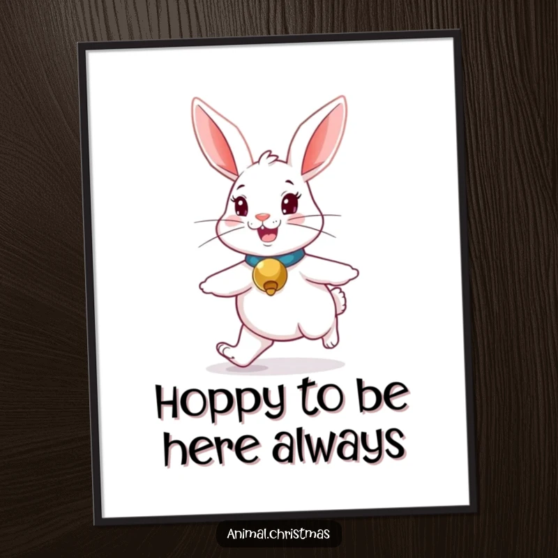 Funny Free Printable Wall Art: Cute rabbit with jingle bell collar hopping merrily, adding playful charm to DIY spaces.