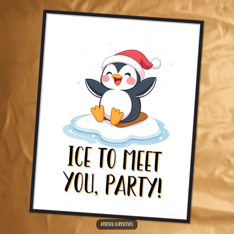 Funny Free Printable Wall Art: A penguin sporting a Santa hat joyfully slides across an icy surface, adding whimsy.