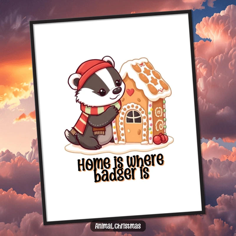 Funny Free Printable Wall Art: Badger in festive scarf decorating a gingerbread house with icing, cute baking holiday art.