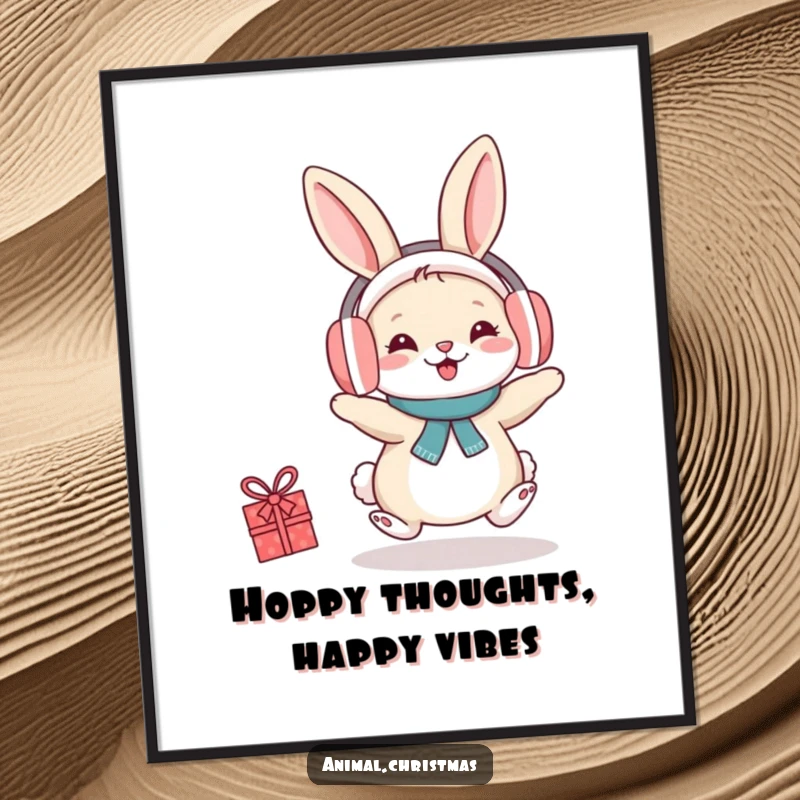 Funny Free Printable Wall Art: An adorable rabbit wearing earmuffs hops cheerfully, bringing festive cheer to any wall decor.