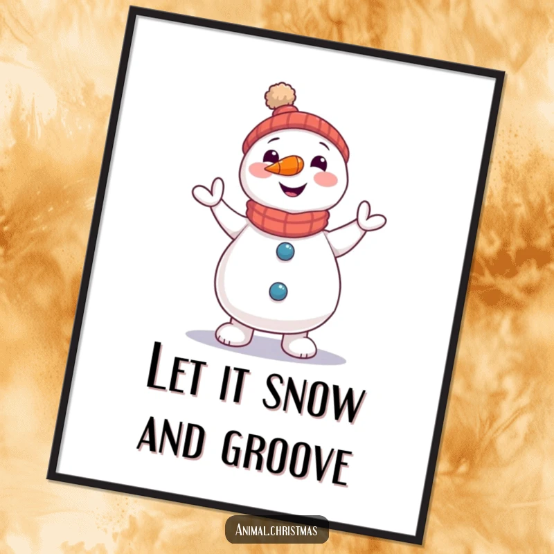 Funny Free Printable Wall Art: A snowman with a carrot nose is doing a delightful little jig, full of personality.