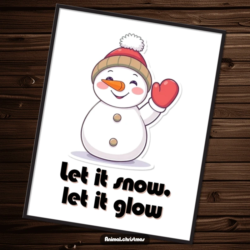 Funny Free Printable Wall Art: Adorable snowman with carrot nose waving a mitten, bringing cheerful winter vibes to your DIY decor.