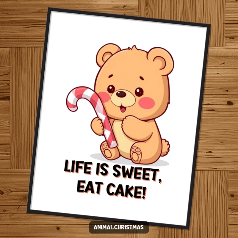 Funny Free Printable Wall Art: An energetic bear cub joyfully holds a large candy cane, radiating excitement and holiday spirit.