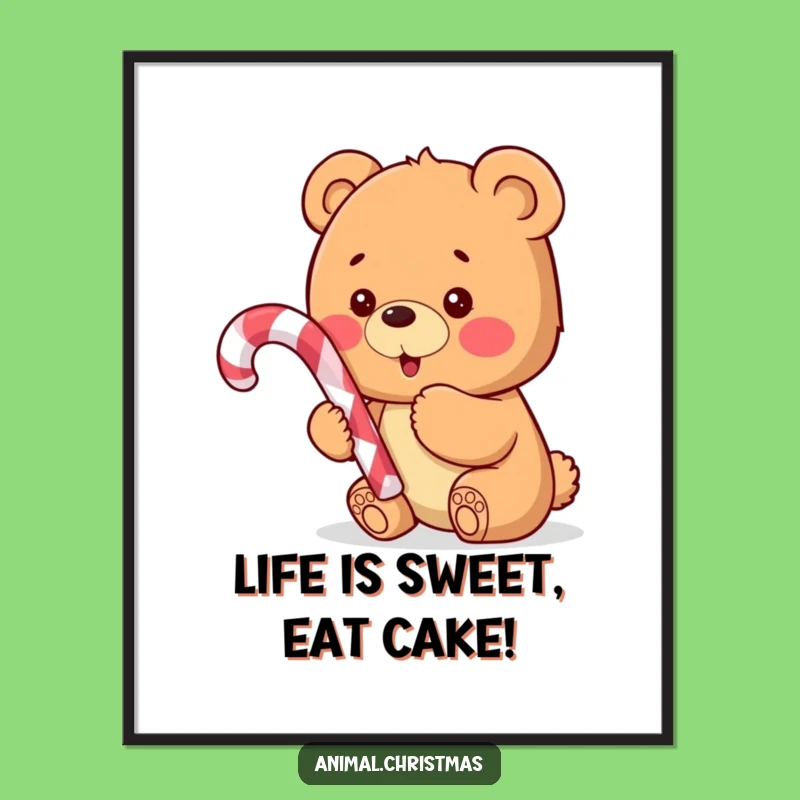 Free Printable Wall Art: Excited Bear Cub with Candy Cane, Funny Downloadable Decor