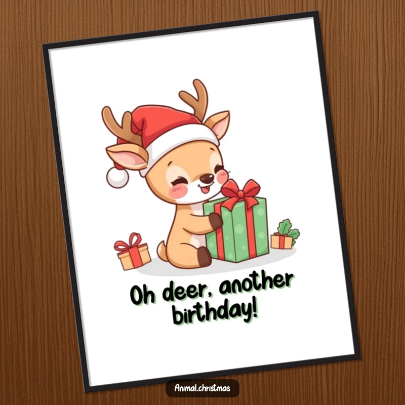 Funny Free Printable Wall Art: Kawaii deer in Santa hat excitedly unwrapping a present, perfect for a humorous DIY home decor.