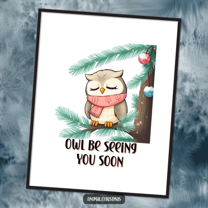 Funny Free Printable Wall Art: A sleepy owl with a knitted scarf is nestled inside a frosted pine tree, looking peaceful.