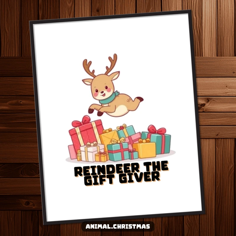 Funny Free Printable Wall Art: A cute reindeer joyfully leaping over a pile of presents, creating a festive and humorous scene.