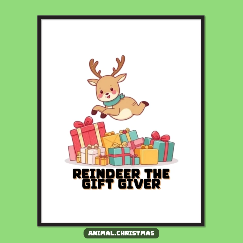 Funny Free Printable Wall Art: Joyful Leaping Reindeer Over Gifts, Humorous Downloadable Decor