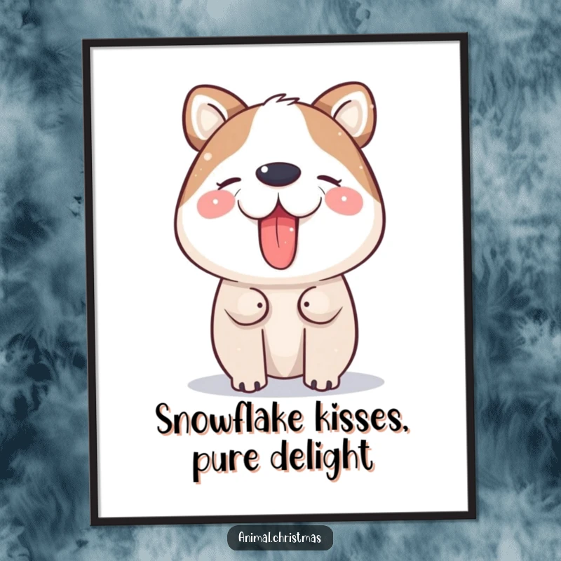 Funny Free Printable Wall Art: Playful cartoon animal with its tongue out, gleefully catching delicate snowflakes, embodying winter happiness.