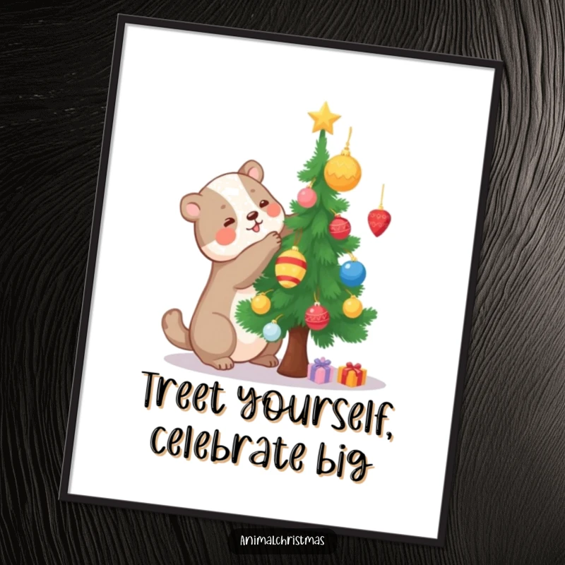 Funny Free Printable Wall Art: A playful animal joyfully decorates a small pine tree with ornaments, festive art.