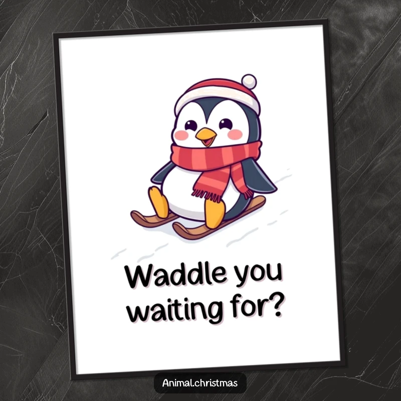 Funny Free Printable Wall Art: A penguin wearing a festive scarf slides down a snowy hill, creating a cheerful and humorous scene.